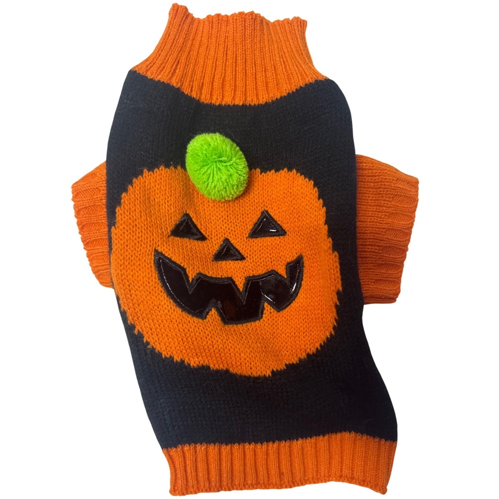 Wag-a-tude Halloween Pumpkin Dog Sweater Black Orange XS Jack-O-Lantern
